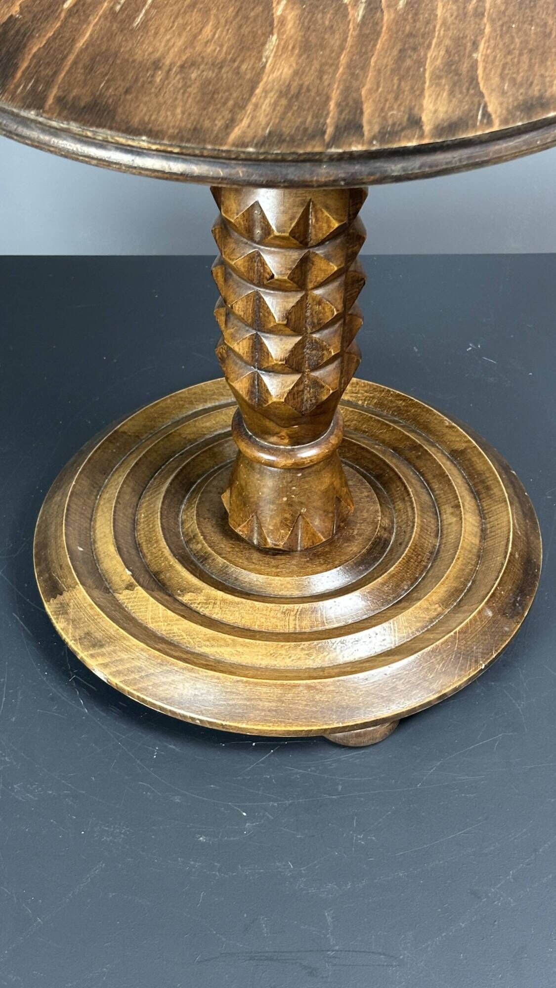 Low wood turned midcentury brutalist side table, Charles Dudouyt style