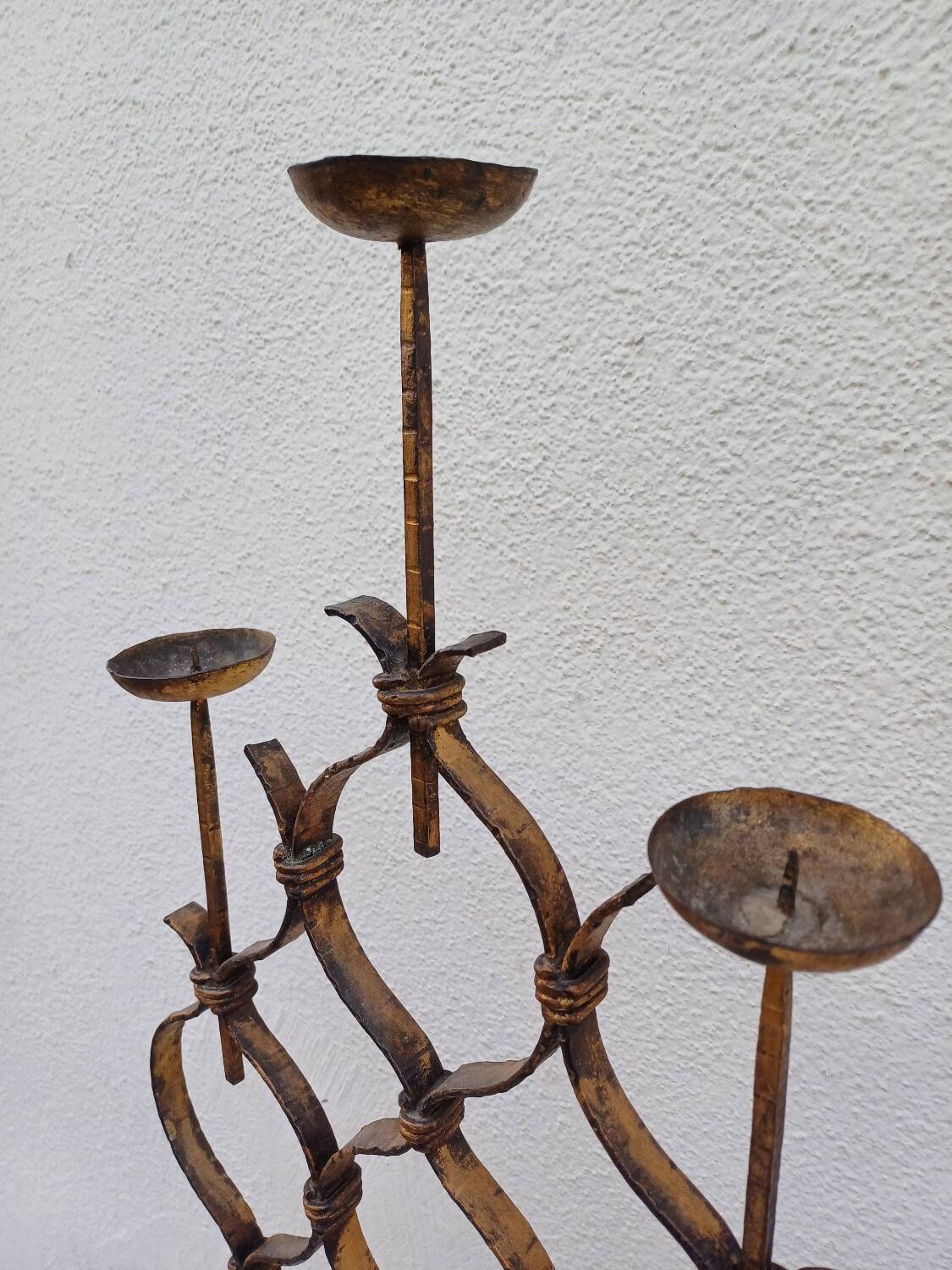 Large hammered wrought iron table candlesticks, gilded, 1950s, 60s