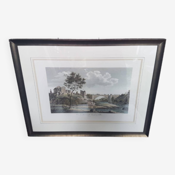 Ancienne Lithographie Couleur « Pont Vieille Brioude Allier» + Cadre Noir #A687