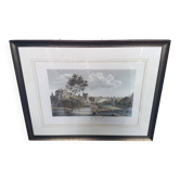 Ancienne Lithographie Couleur « Pont Vieille Brioude Allier» + Cadre Noir #A687