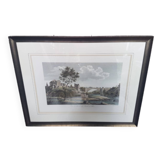 Ancienne Lithographie Couleur « Pont Vieille Brioude Allier» + Cadre Noir #A687