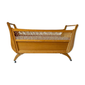 Children's bed in wood and wicker woven on wheels 1960