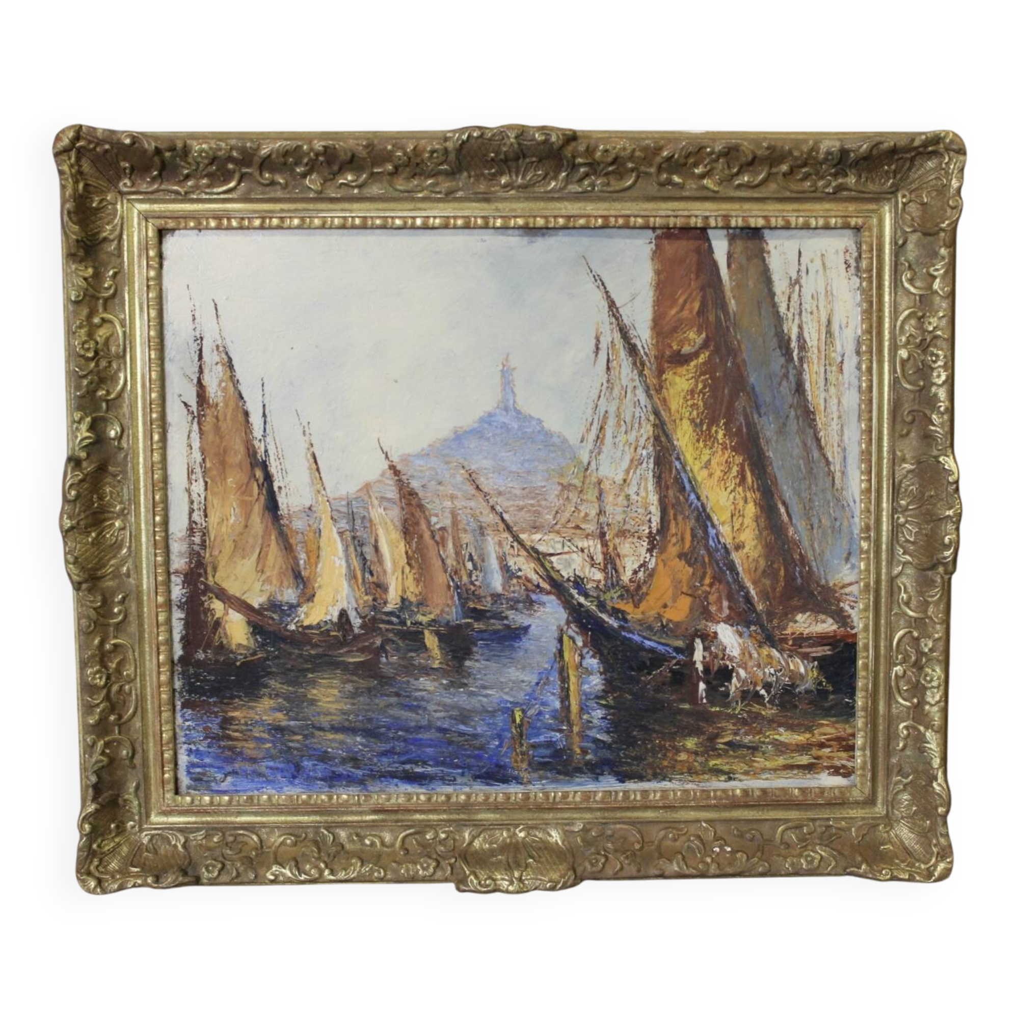 Oil on panel "The Port of Marseille" circa 1950