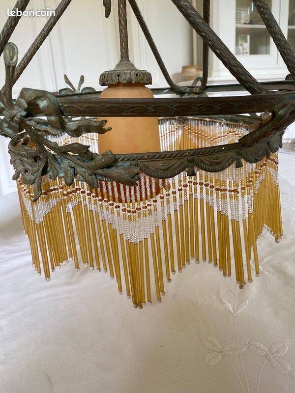 19th century electrified chandelier. Frosted Glass and Bronze