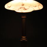 1940s Restored Brass Table Lamp with Wooden Base and Glass Shade