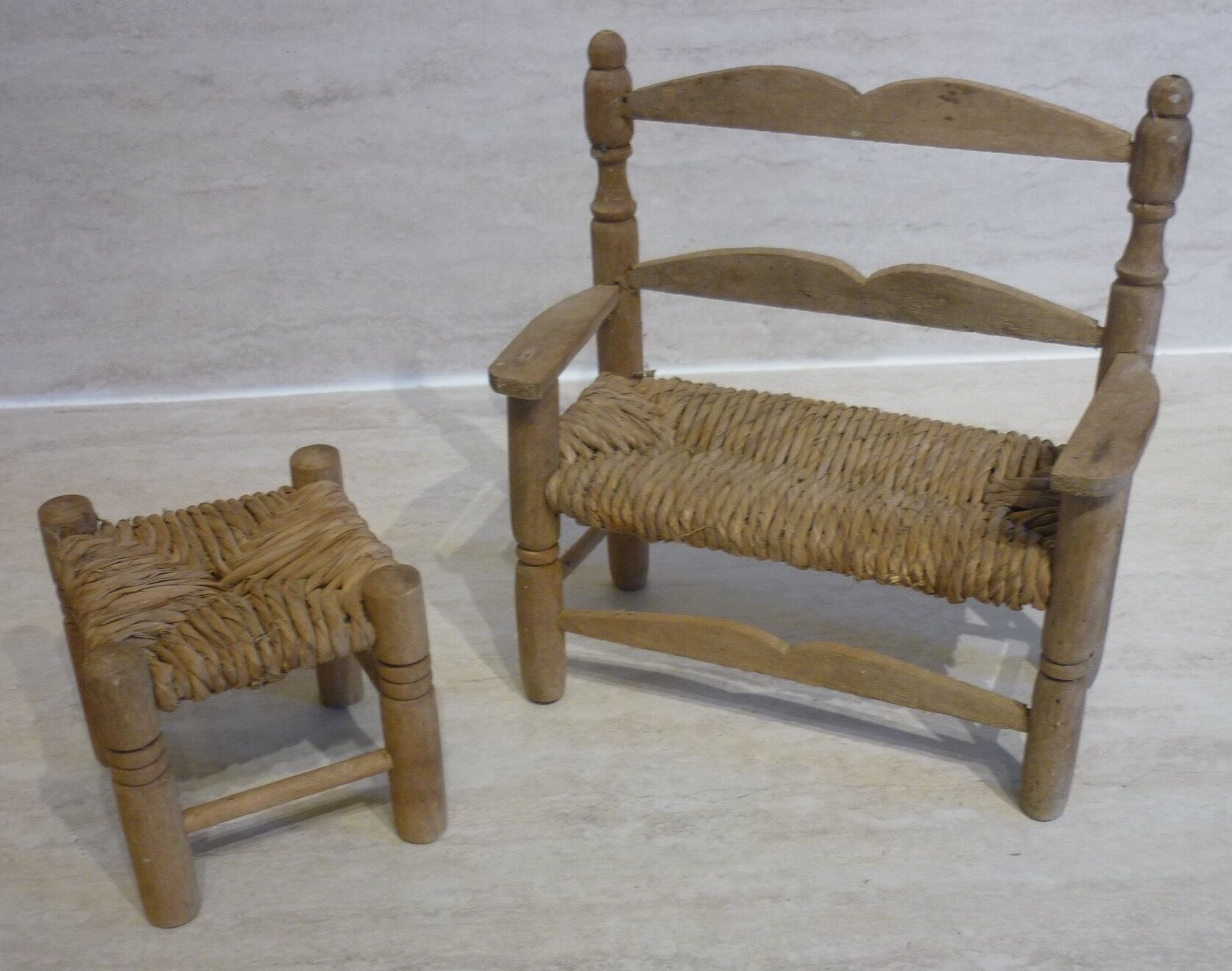 Wooden bench and stool and straw for doll