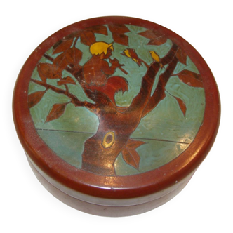 Round solid wood box with inlaid and hand-painted design lid