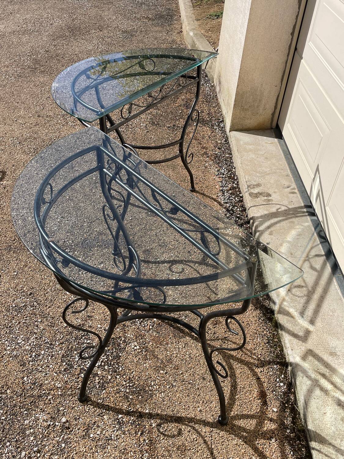 Glass and iron table with two side tables and 8 chairs