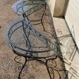 Glass and iron table with two side tables and 8 chairs