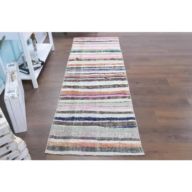 Vintage Turkish Hand-Knotted Wool Cotton White Kilim Runner Rug 78x228