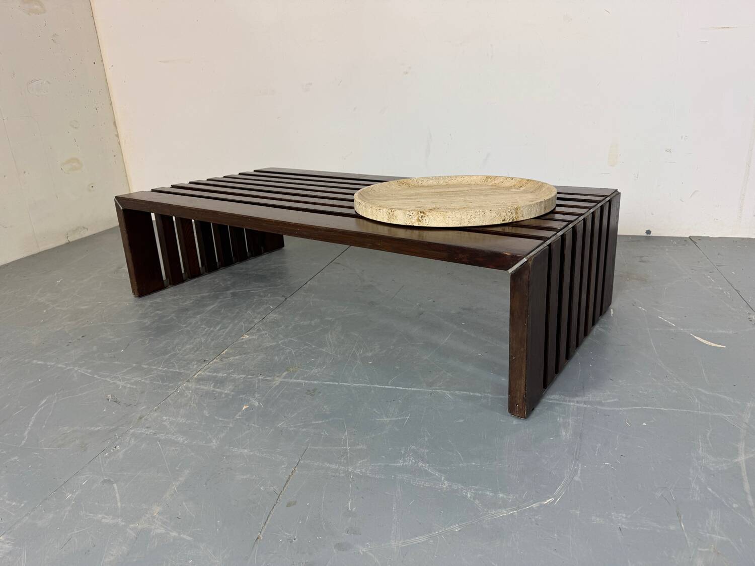 Mid Century Modernist wood and metal Slatted Bench Coffee Table