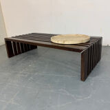 Table basse à lattes en bois et métal de style moderniste du milieu du siècle