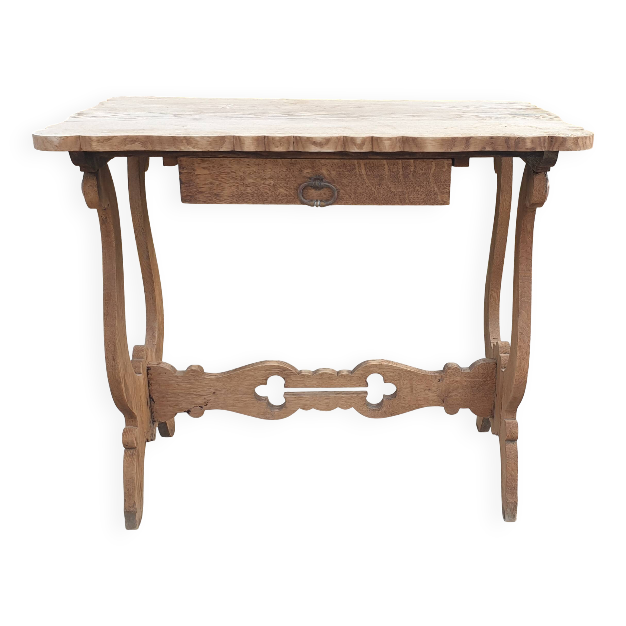 Lyre leg table in natural wood, one drawer, vintage