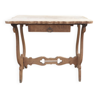 Lyre leg table in natural wood, one drawer, vintage