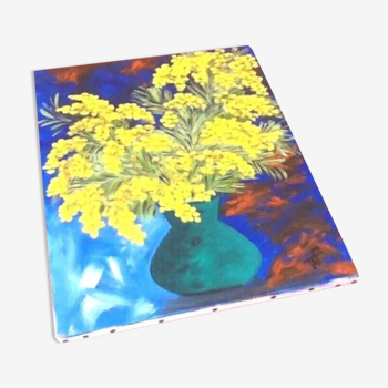 Tableau huile sur toile nature morte bouquet de mimosa