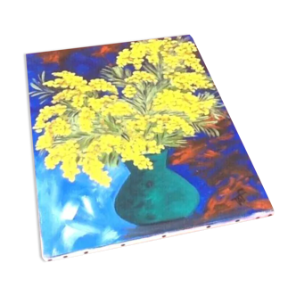 Tableau huile sur toile nature morte bouquet de mimosa