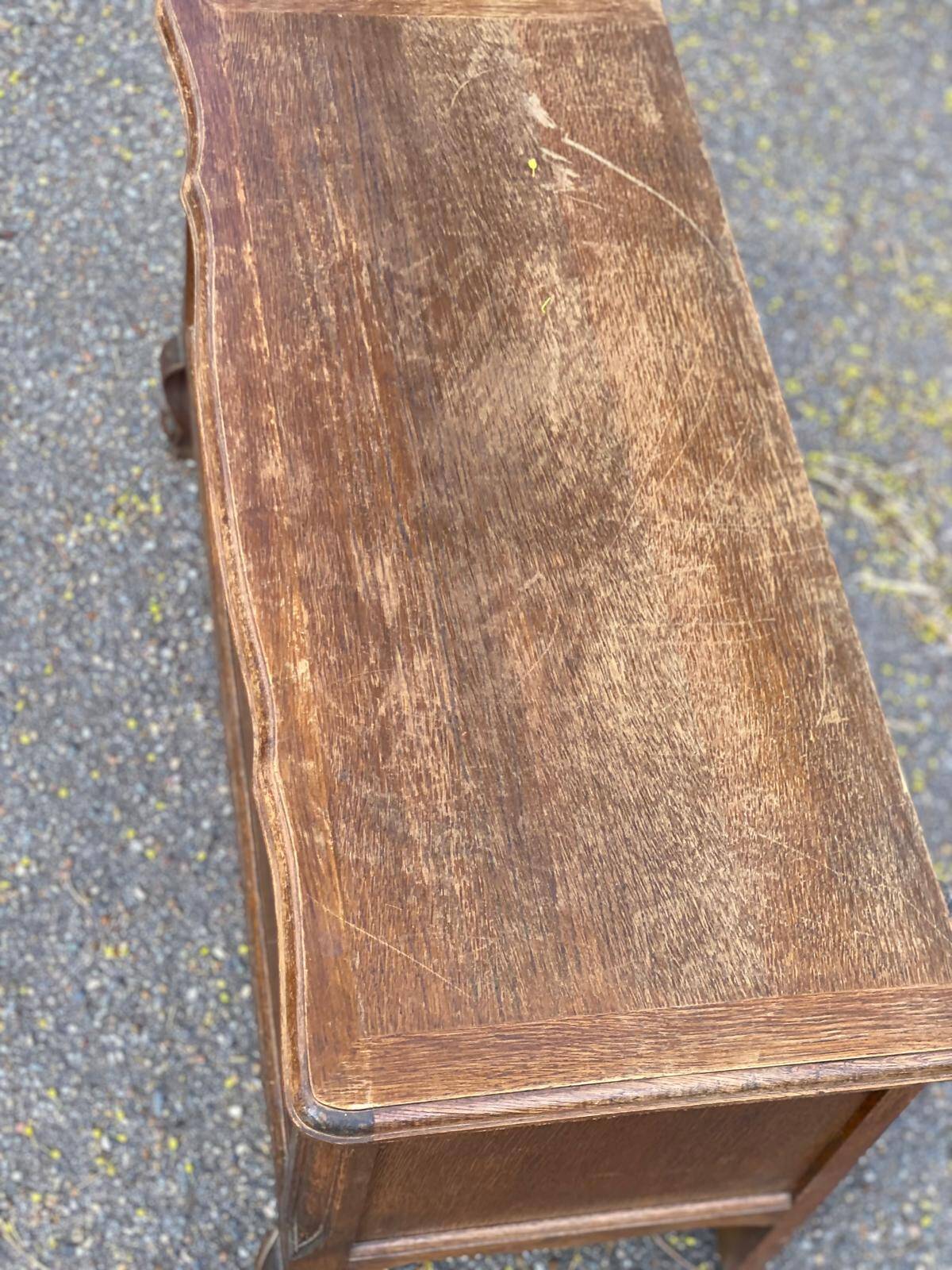 Vintage oak chest bank in dark wood, Louis XV style.