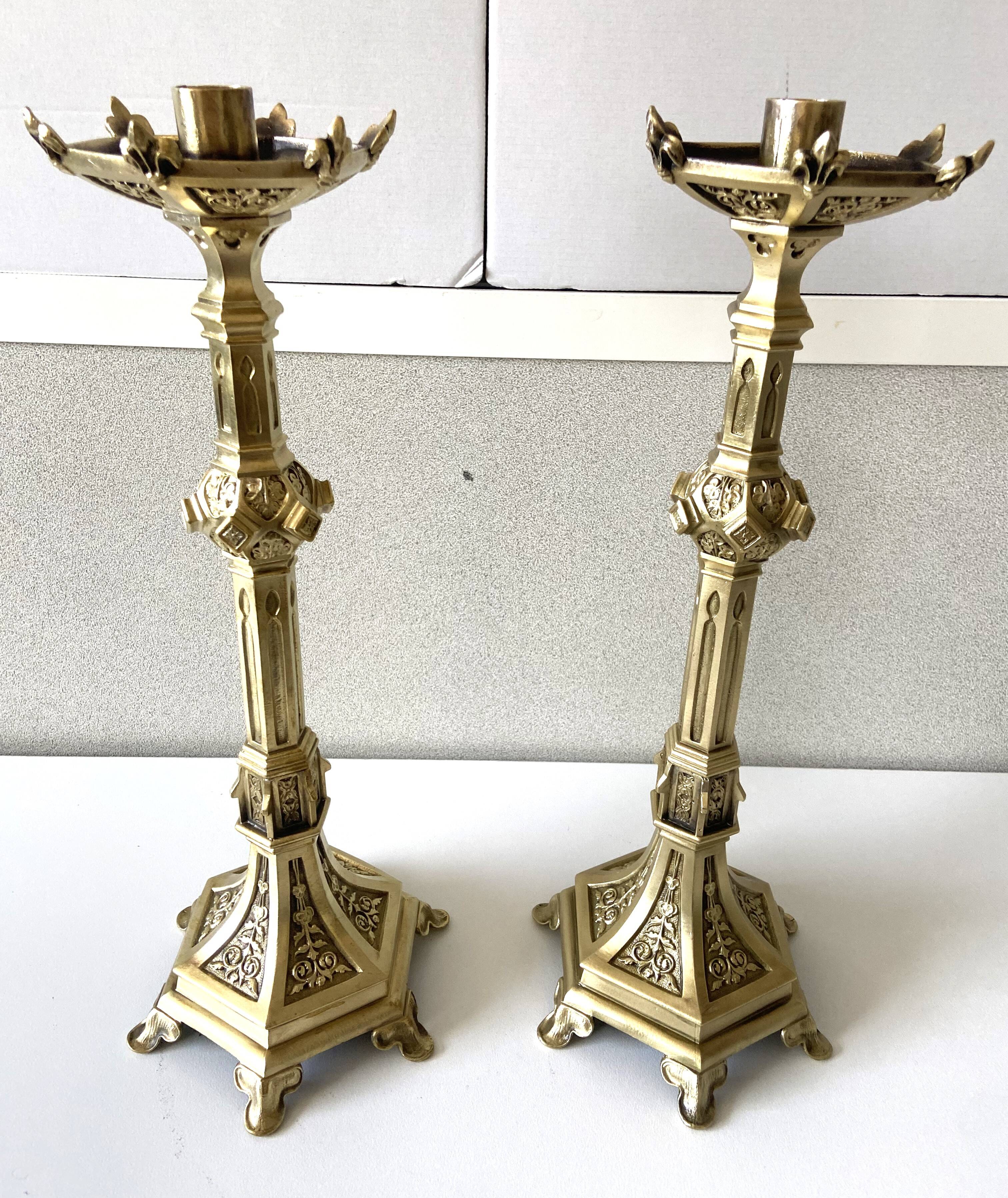 Pair of Antique Gothic Revival Candle Holders in Gold Bronze