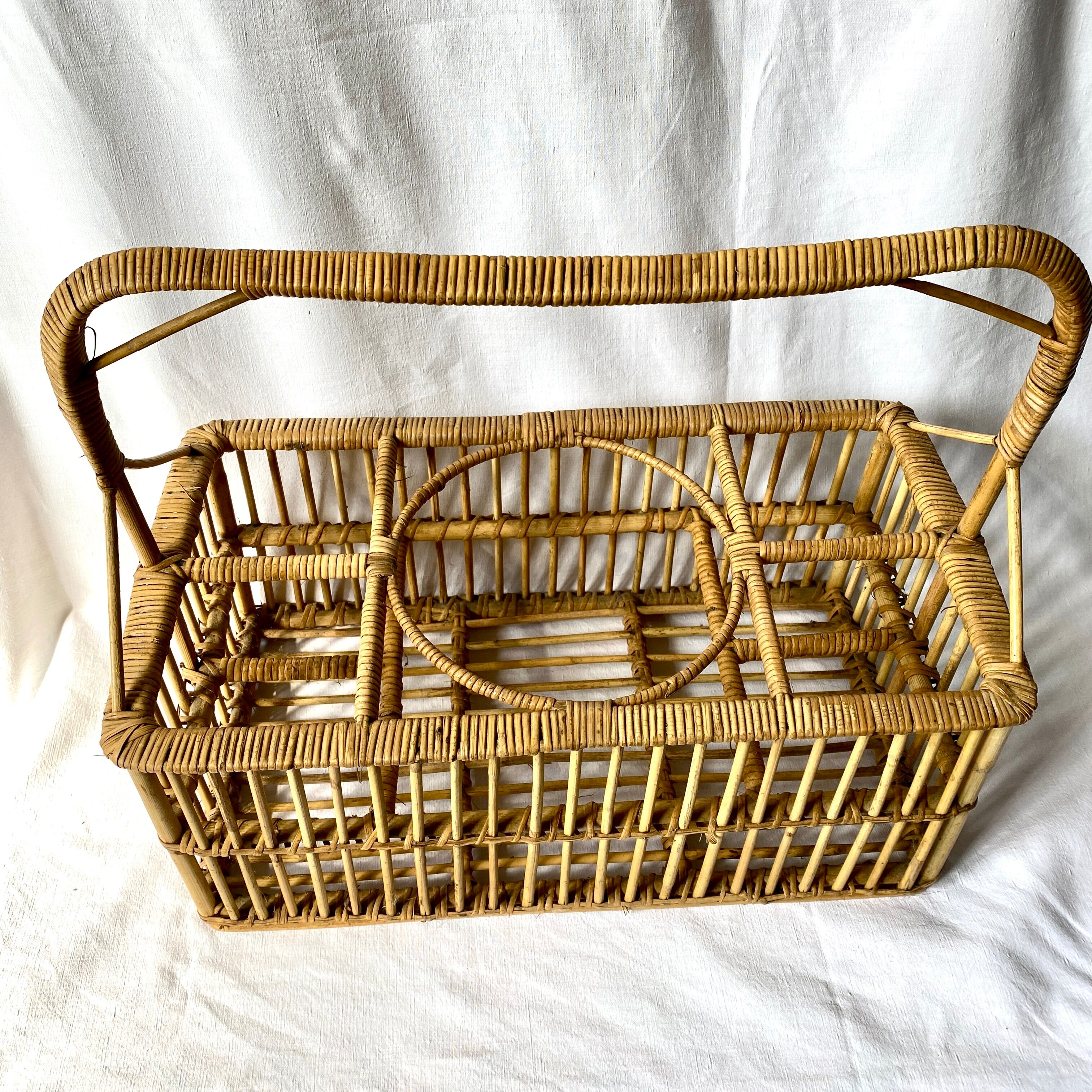 Vintage rattan bottle rack basket