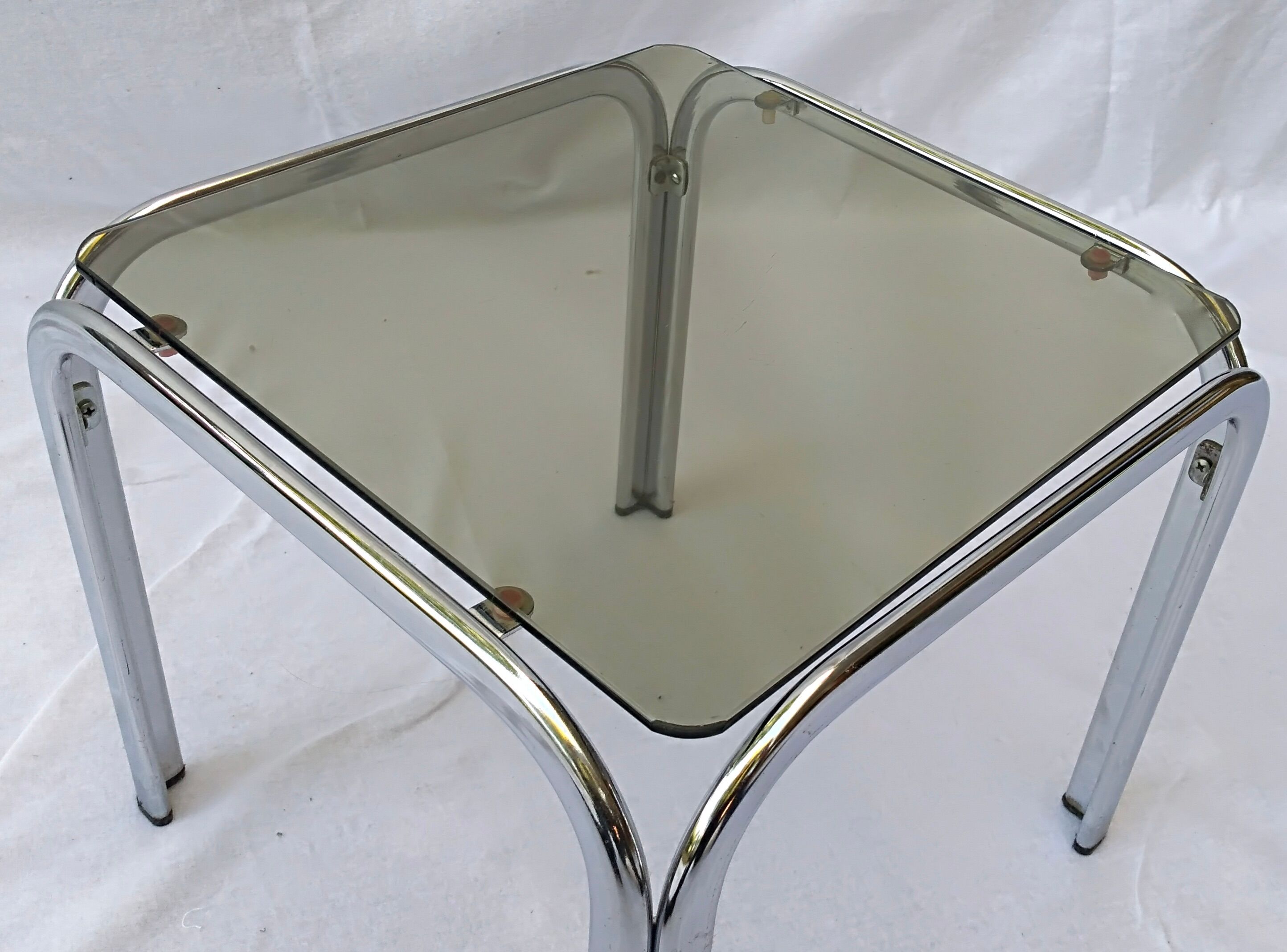 Square coffee table chromed metal and smoked glass