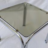 Square coffee table chromed metal and smoked glass