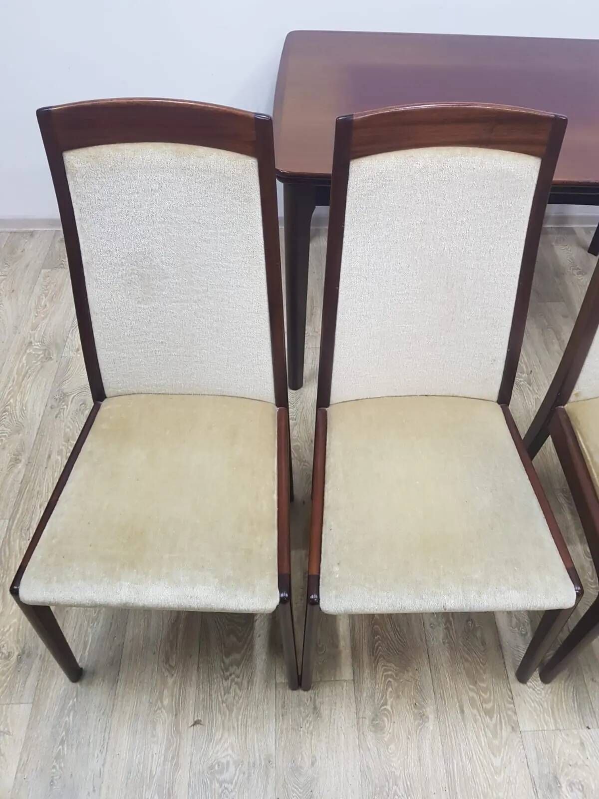 Table and four chairs set, brown wood, beige fabric, Denmark, 1970s.
