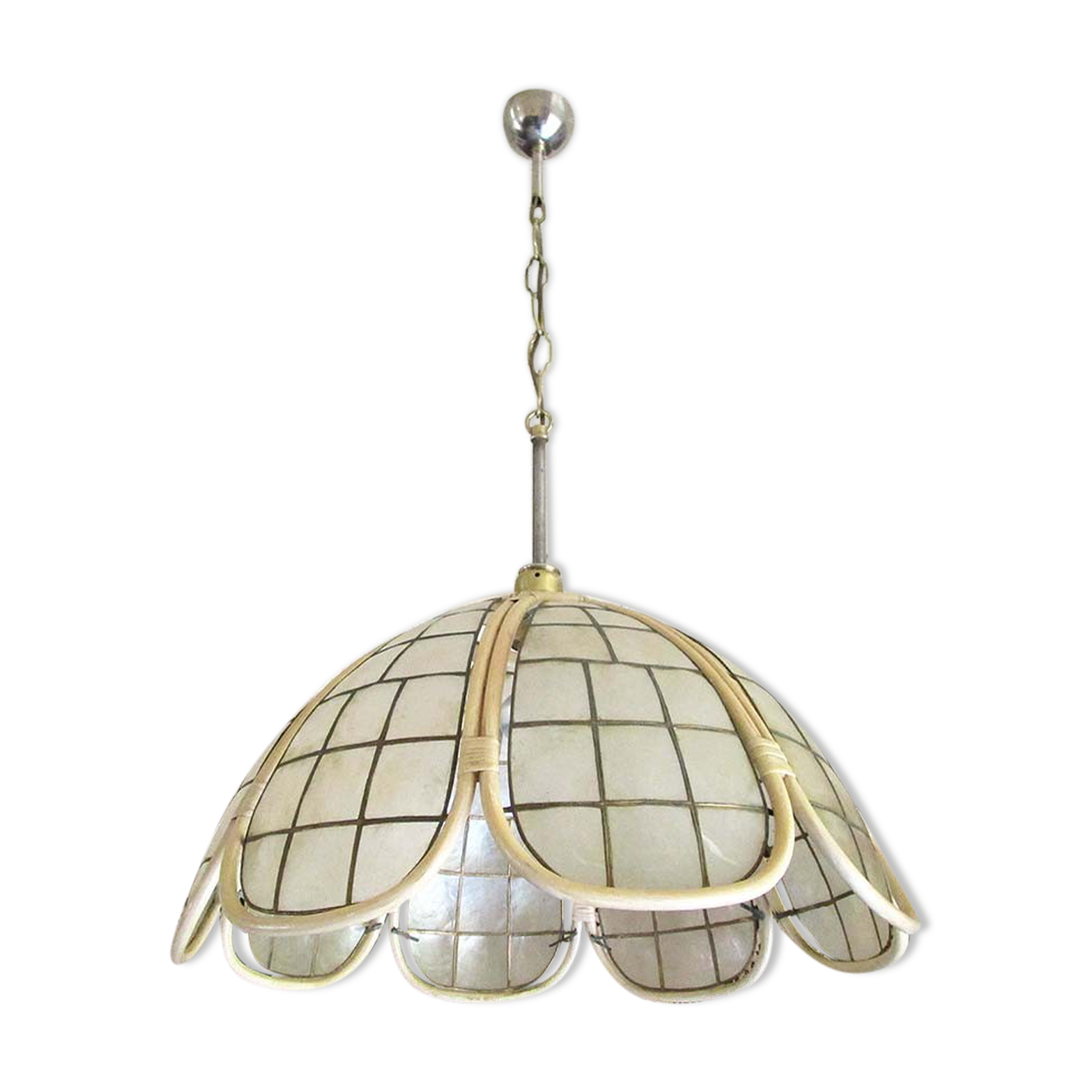 Hanging lamp mother-of-pearl, rattan and brass