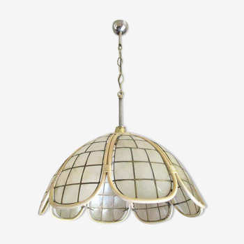 Hanging lamp mother-of-pearl, rattan and brass