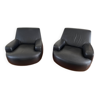 Pair of Bug armchairs - Paola Navone for Poliform - leather - 360° swivel