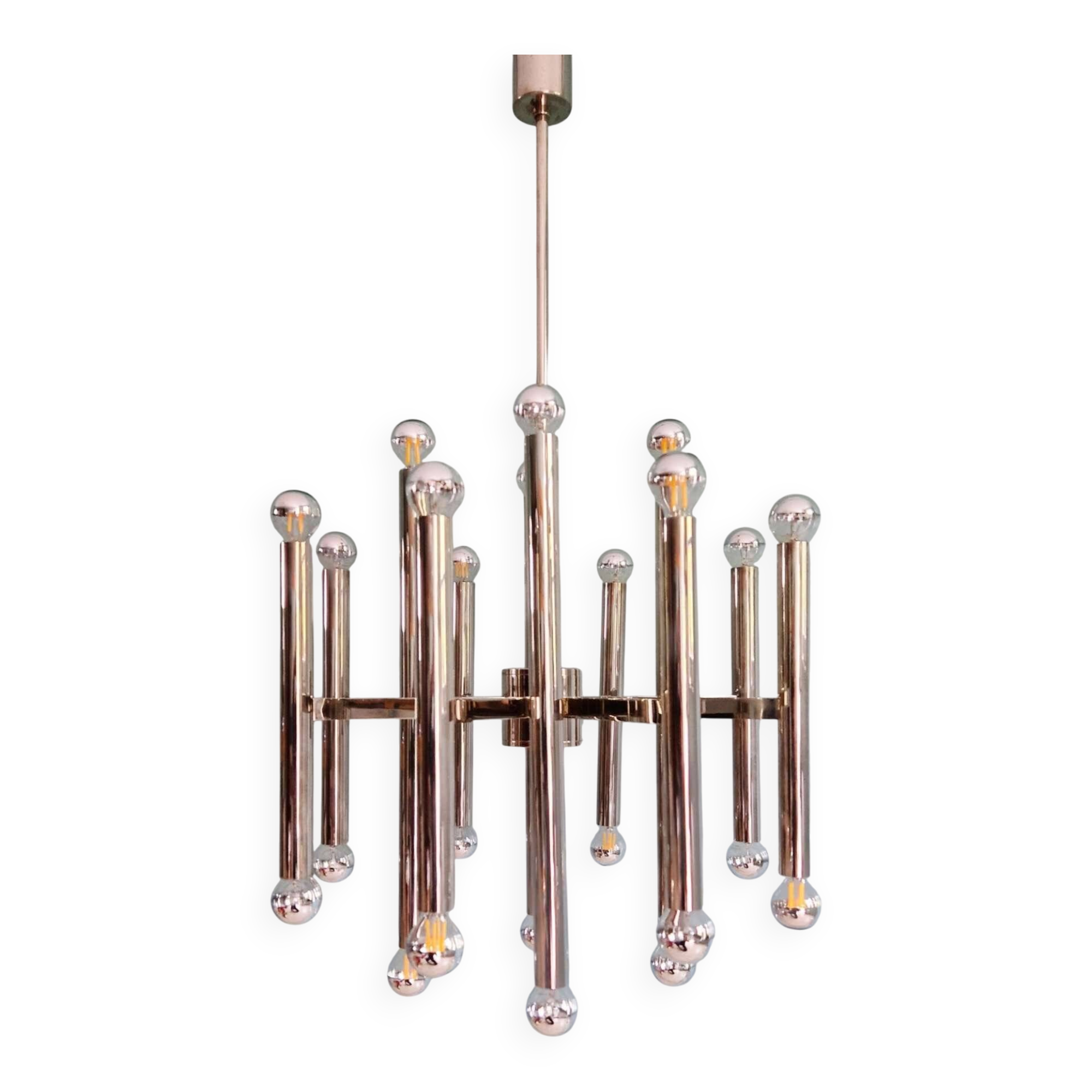 Large chrome metal chandelier (24 lights), Sciolari design, 1970.