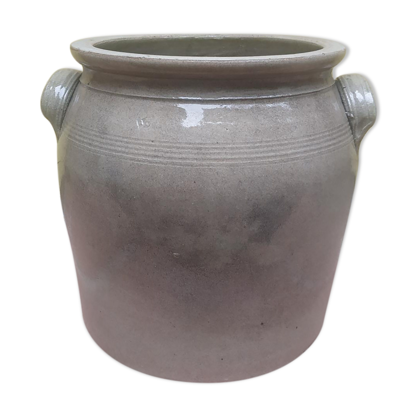 Old grease maker with two handles in gray glazed sandstone early 20th century