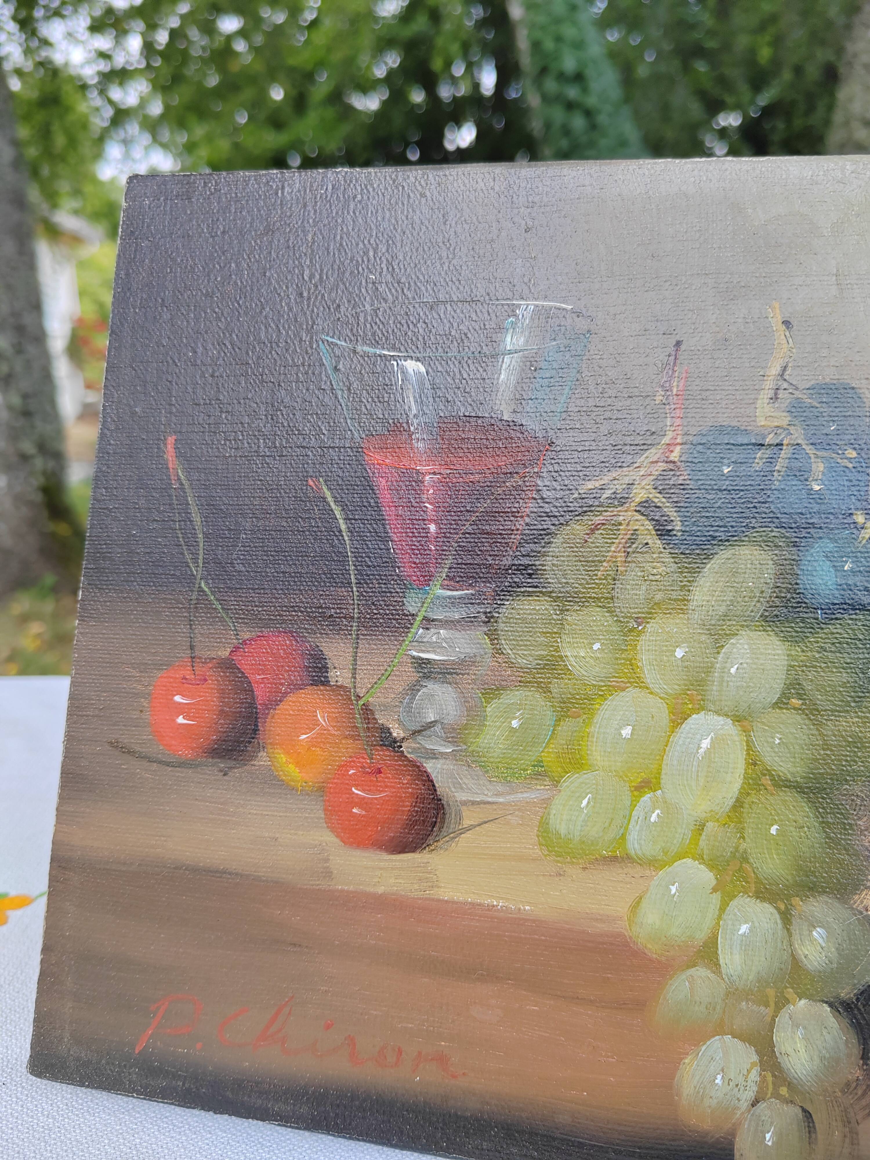 Small painting signed still life "Grapes and wine"