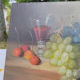 Small painting signed still life "Grapes and wine"