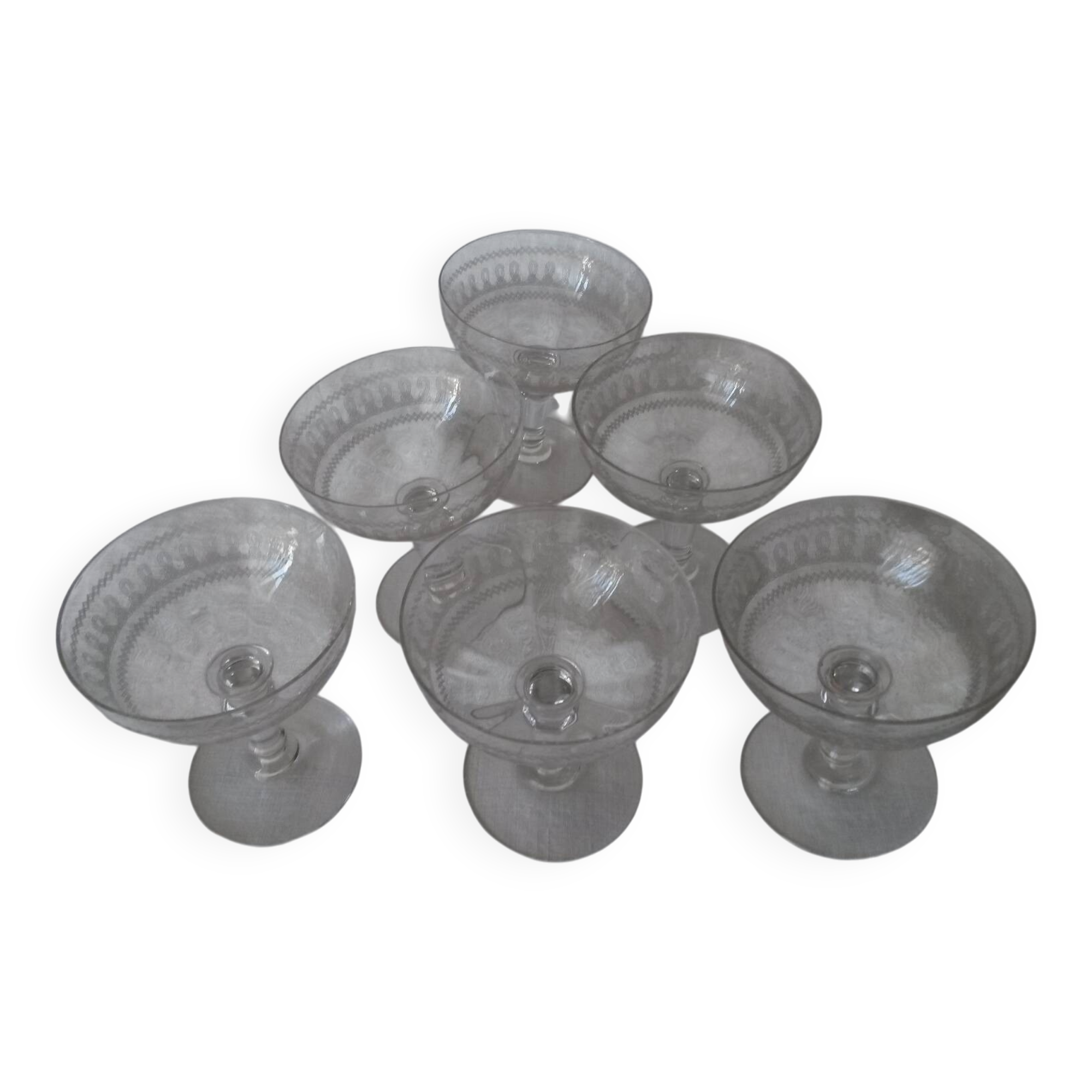 8 Antique Engraved Crystal Champagne Glasses 250517