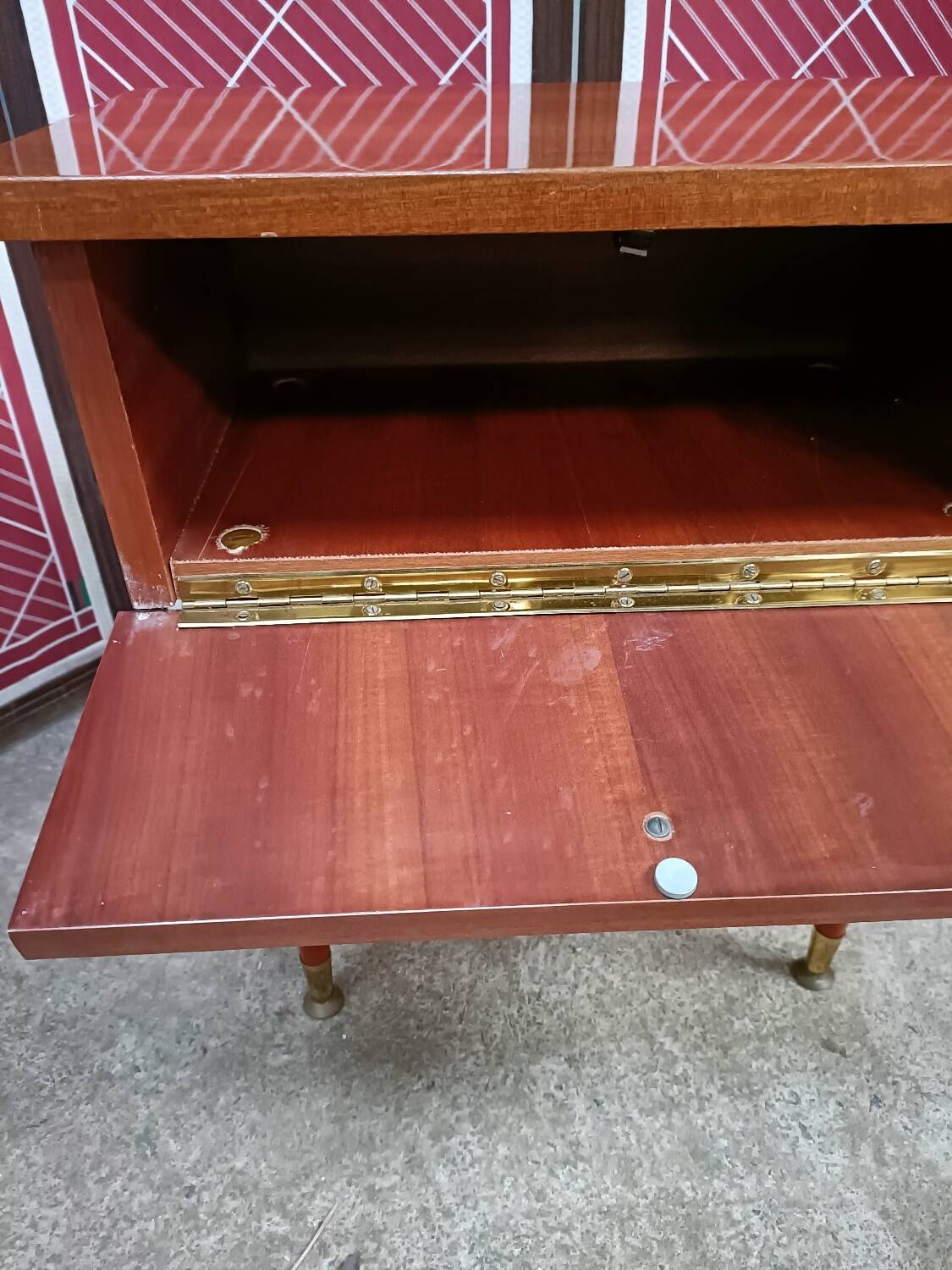 Vintage bedside table, mahogany veneer and tapered legs