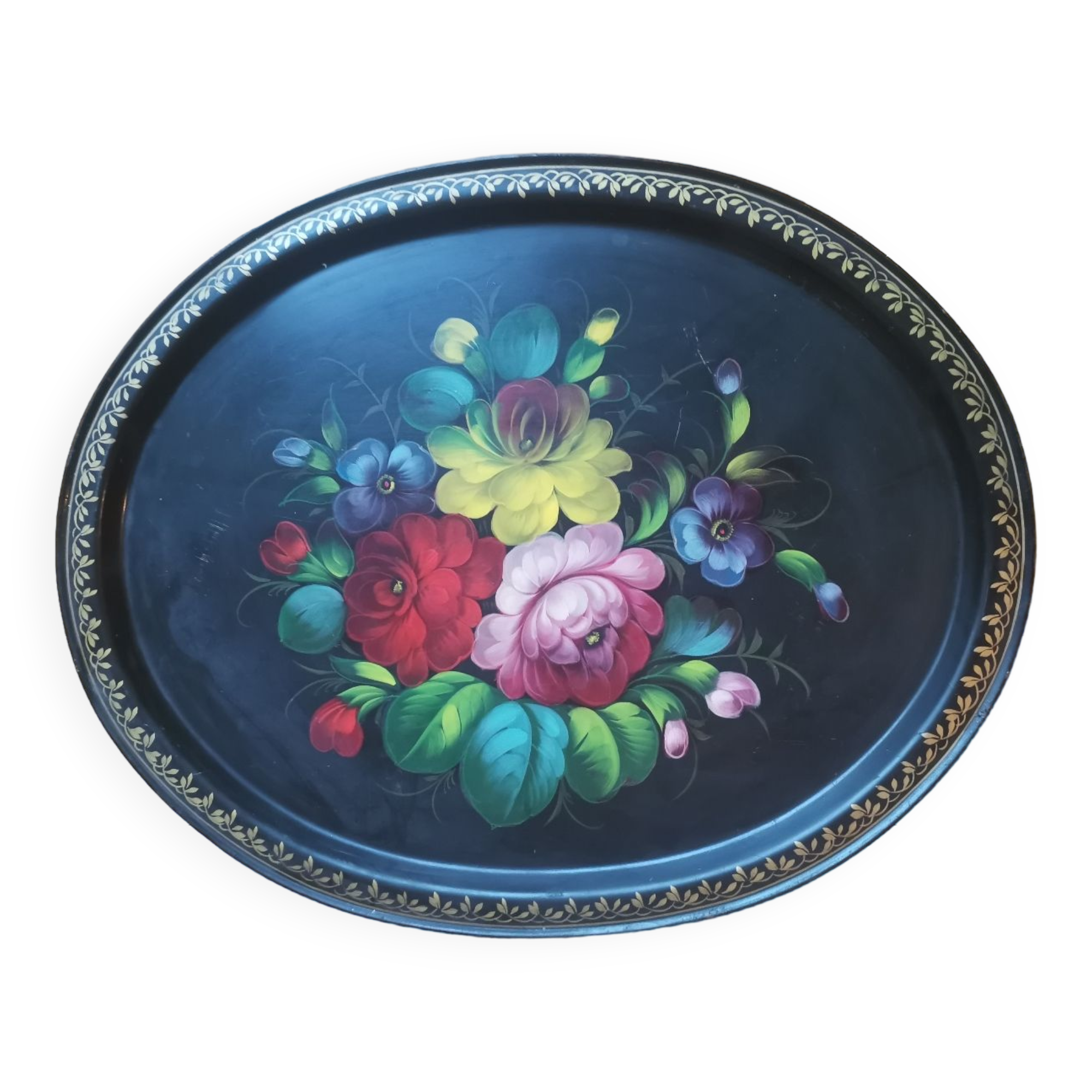 Large oval tray vintage metal hand-painted metal pattern flowers made in ussr numbered