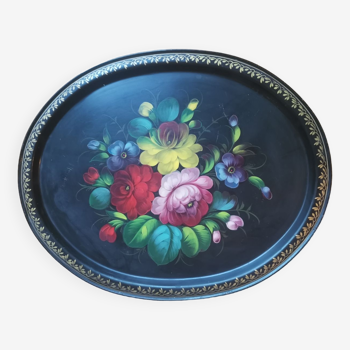 Large oval tray vintage metal hand-painted metal pattern flowers made in ussr numbered