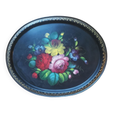 Large oval tray vintage metal hand-painted metal pattern flowers made in ussr numbered