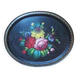 Grand plateau oval métal vintage en métal peint à la main motif fleurs made in ussr numéroté