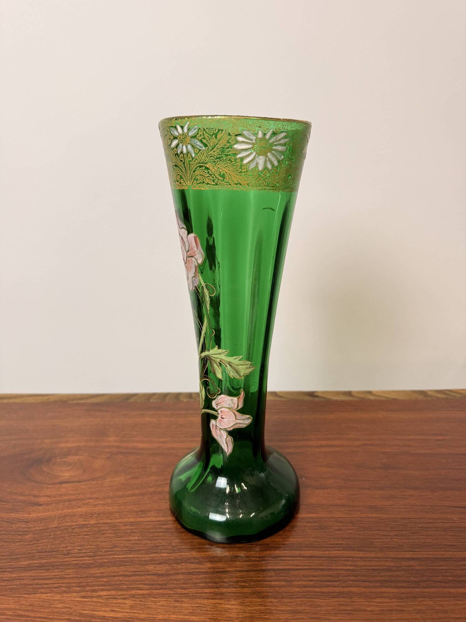 Antique Legras vase – Emerald green glass with floral gold enamel – Art Nouveau