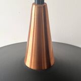 Scandinavian suspension in black metal, copper, and opal glass, 1970s design.