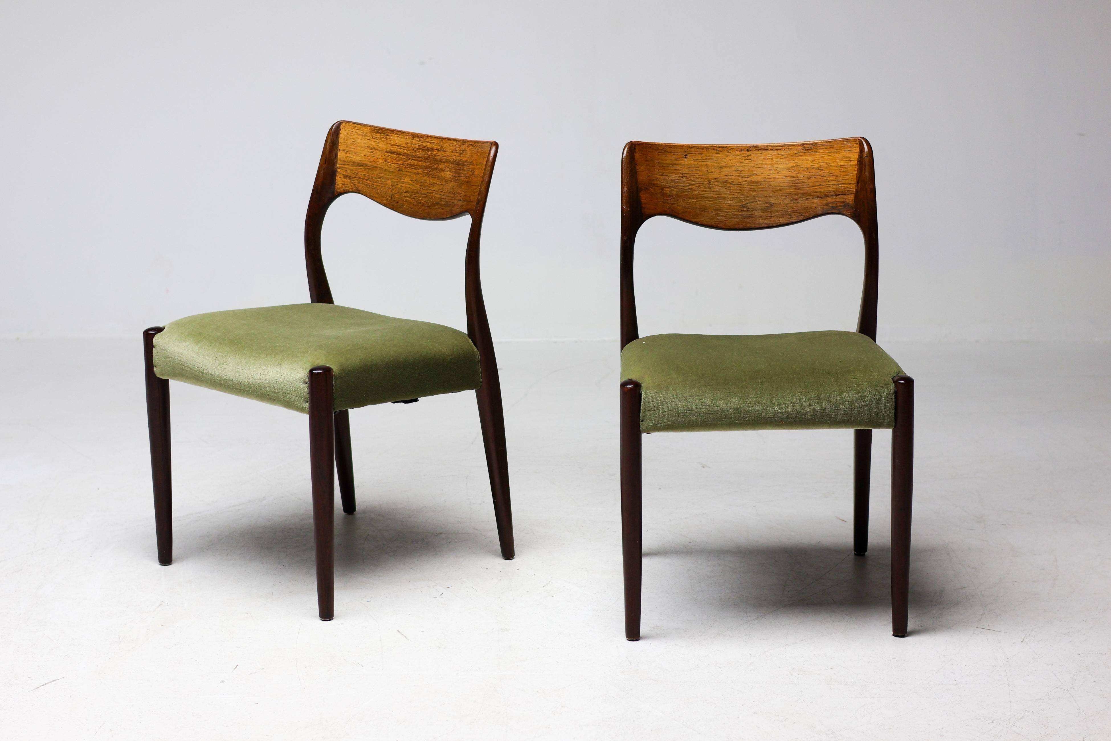 Pair of chairs Model No 71 by Niels Møller in teak and moss green velvet, 1960.