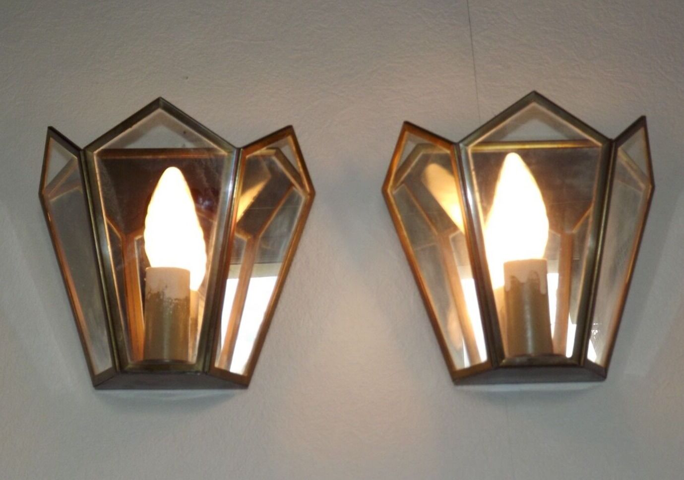 Matching pair french mid century copper & glass single light wall lanterns 3915