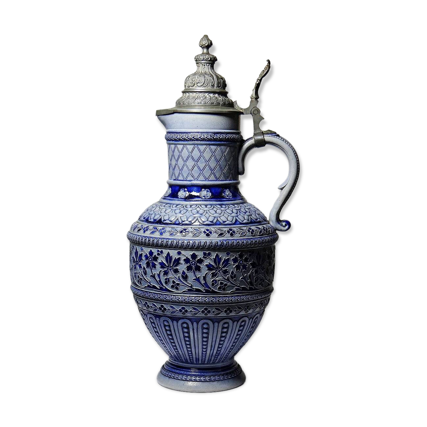 Large beer pitcher in salt-glazed stoneware and pewter, Germany, Westerwald type