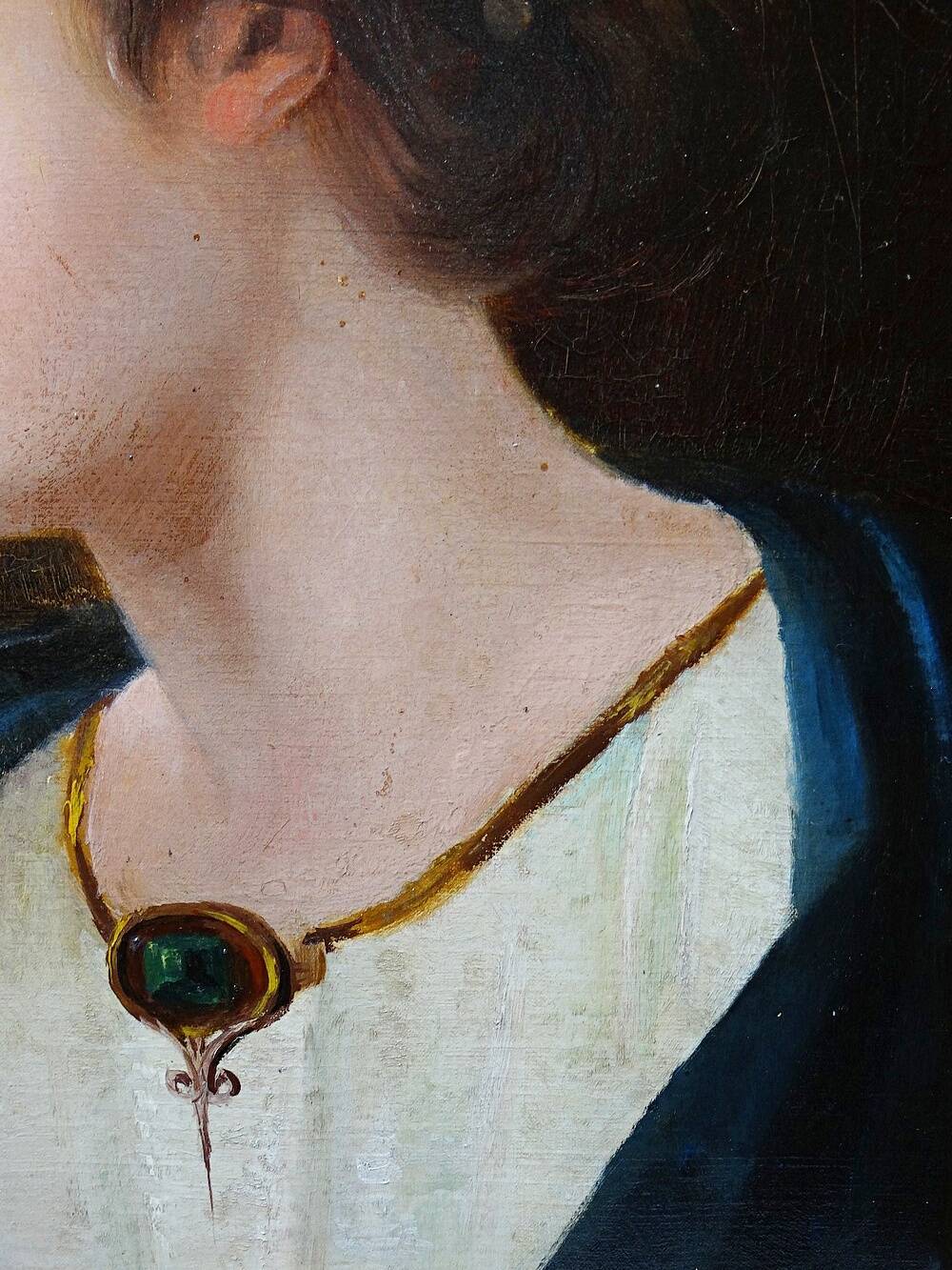 Old portrait of a young woman in profile, oil on canvas A. Piard 19th century