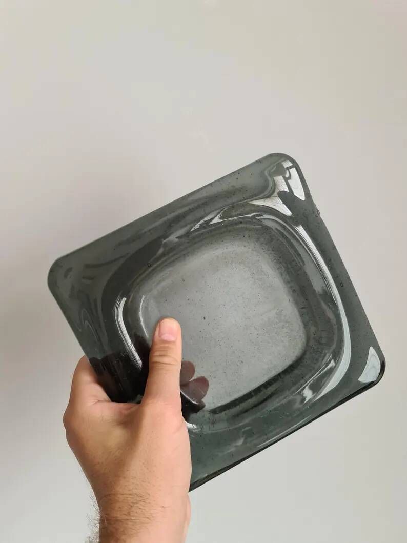 Smoked glass ashtray from the 70s - Square MCM catchall