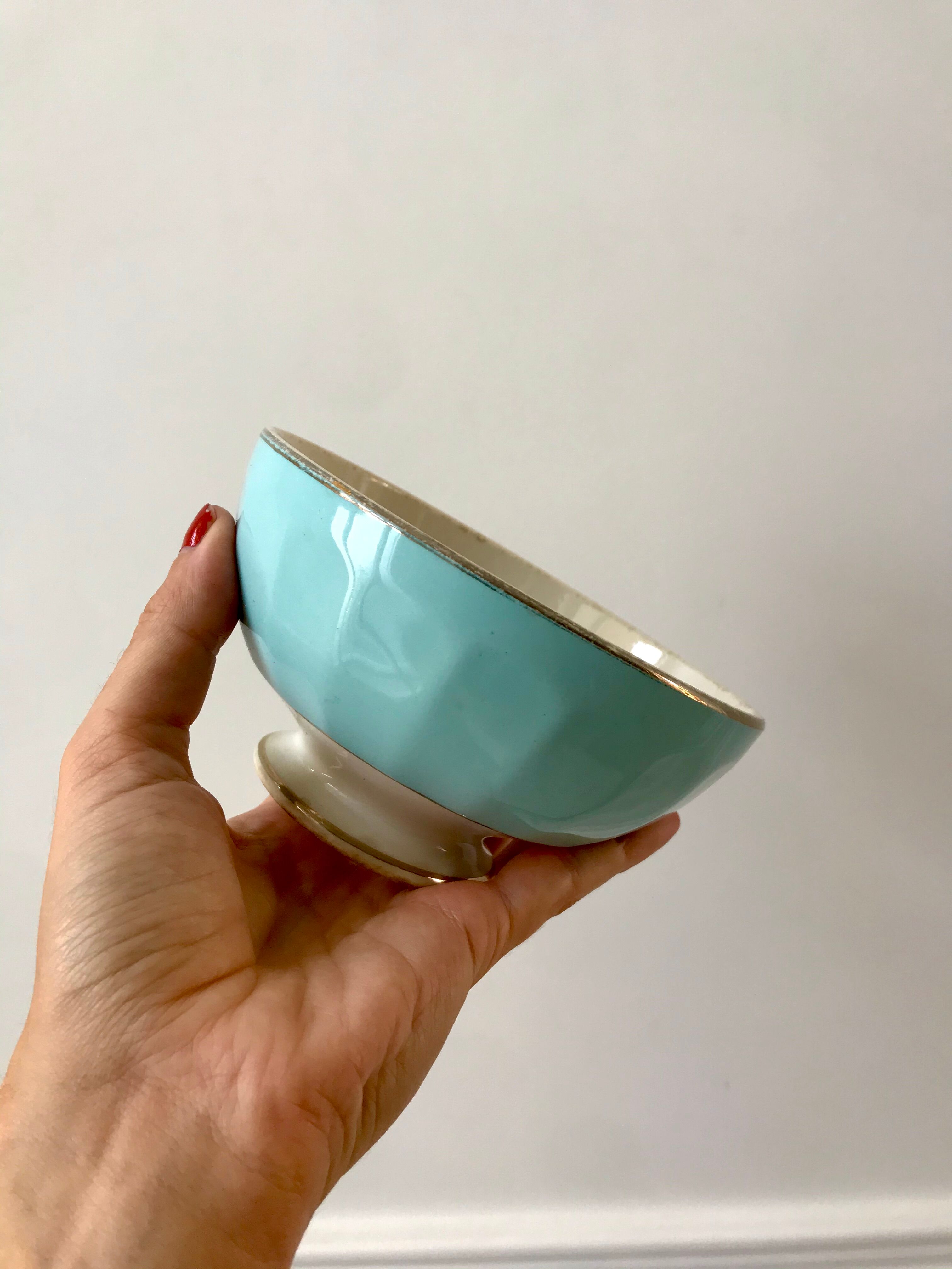 earthenware bowl Moulins des Loups sky blue and edging 40s-50s
