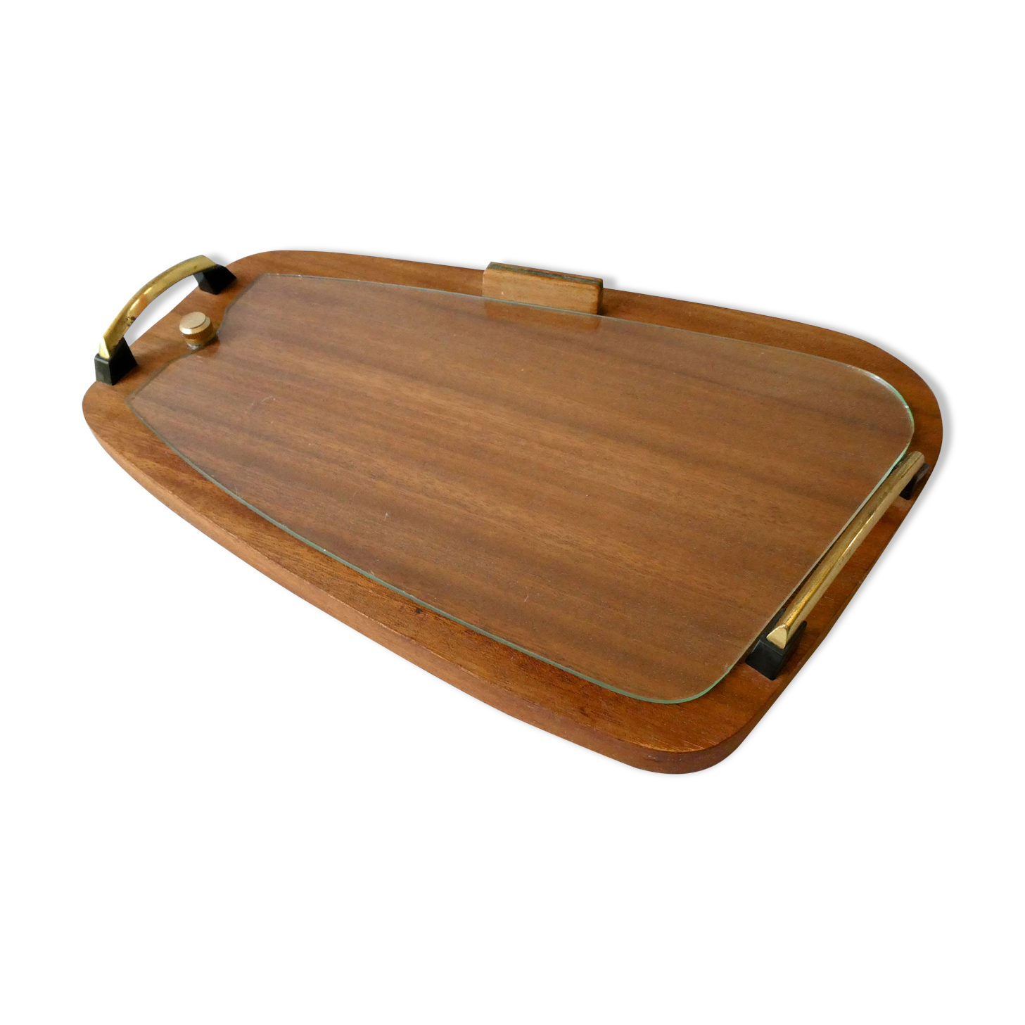 Teak and glass cheese platter, Scandinavian, 60s
