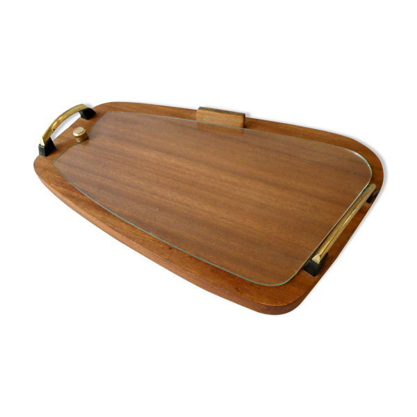Plateau en teck et verre, scandinave, années 60