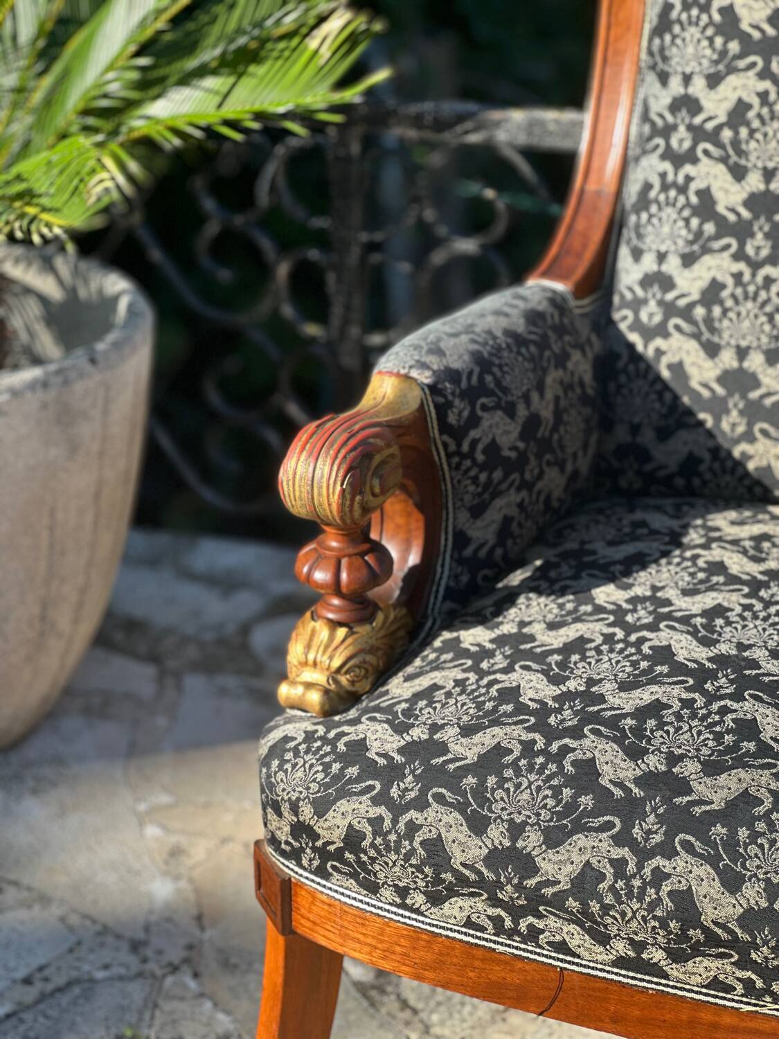 Pair of Mahogany Bergère Armchairs with Chimera Motifs, 19th Century